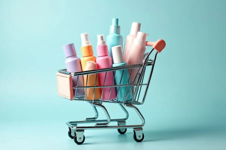 A mini shopping cart with beauty products in it.